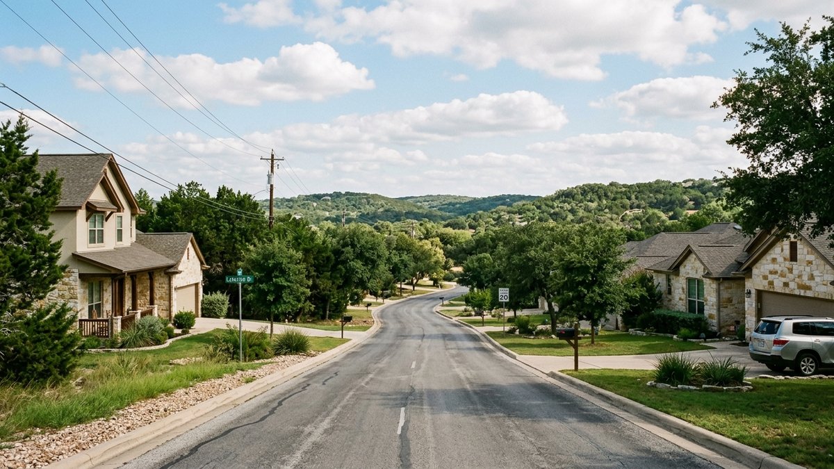 Hill Country residential street in the Canyon Lake area, homes set against rolling hills, casual daylight.