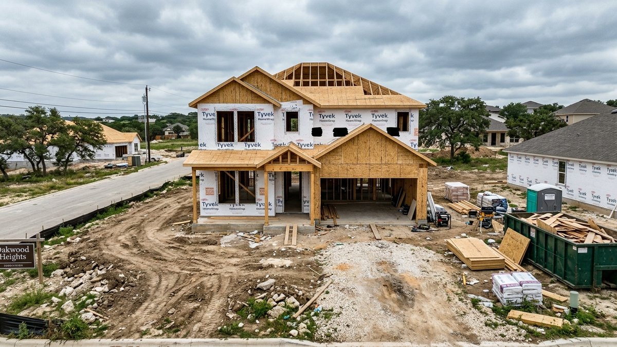 New-construction home in framing or finishing stage in a New Braunfels subdivision, mid-day overcast.