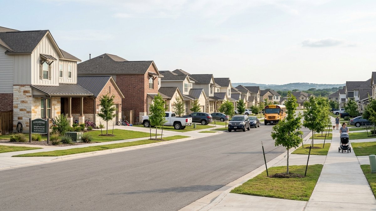 Veramendi master-planned community in New Braunfels - residential streetscape with newer homes and young trees, casual daylight.