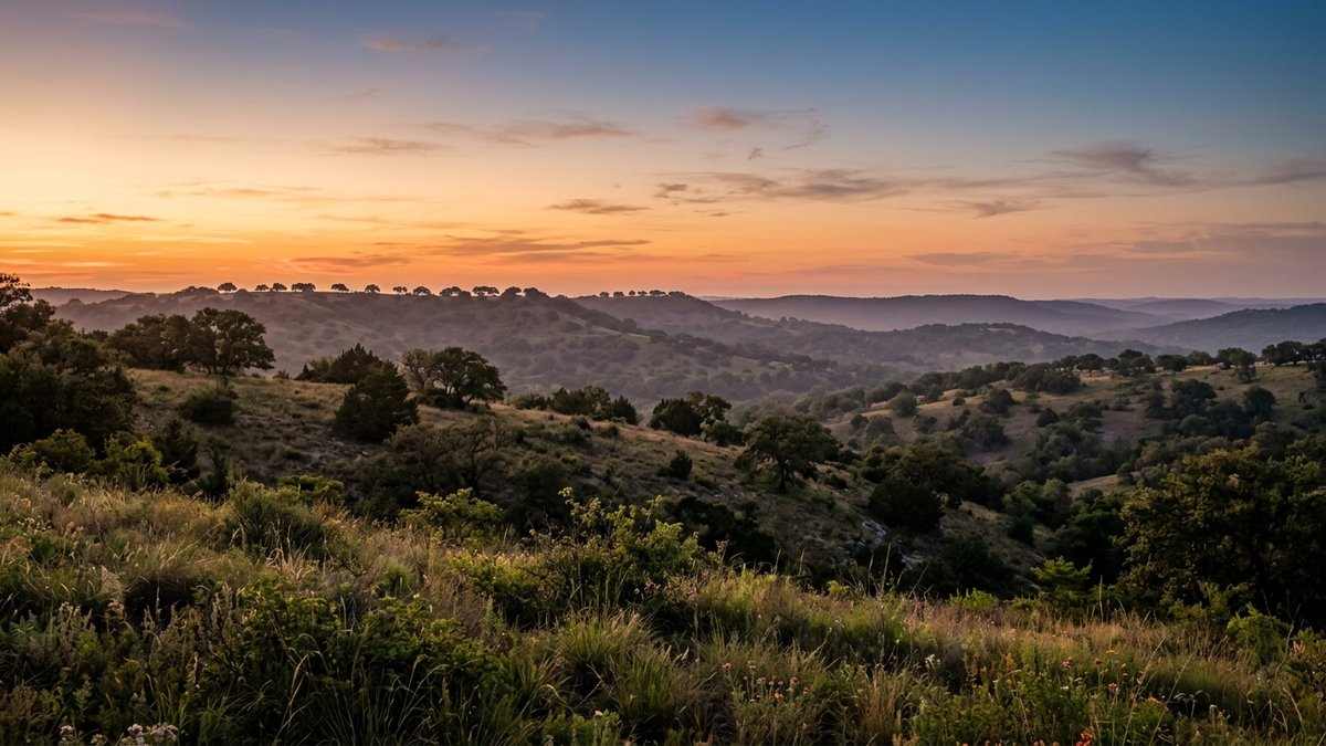 Texas Hill Country sunset over rolling oak-covered hills, polished panoramic feel.