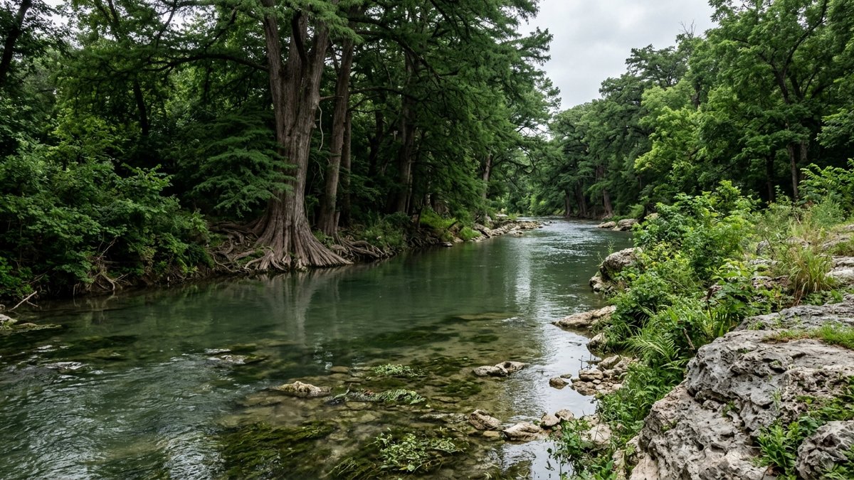Summer scene inspired by the Comal River in New Braunfels.