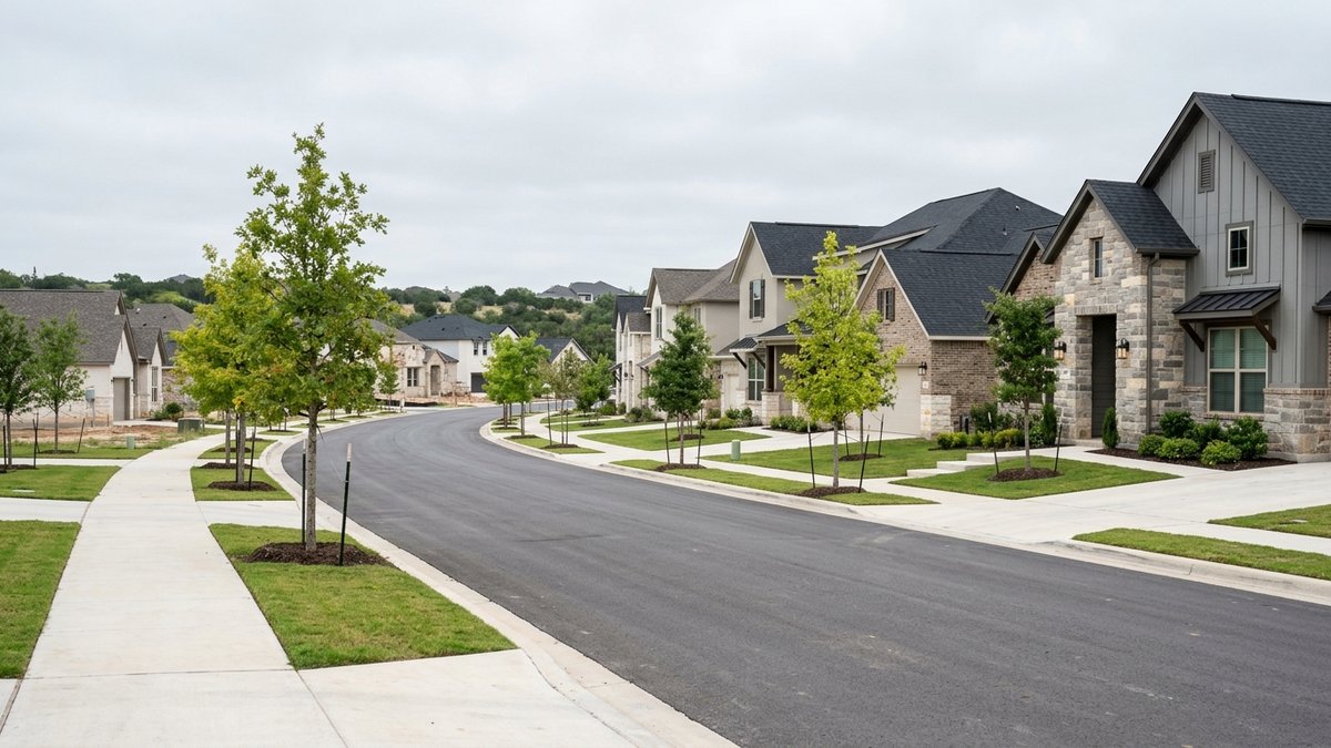 Documentary view of a newer master-planned New Braunfels street with recently built homes and young landscaping. Used for neighborhood and market posts.