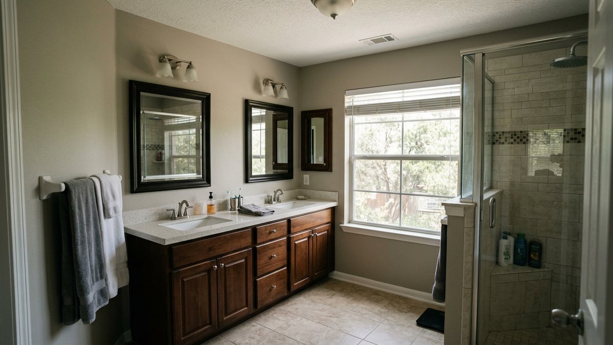 Primary bathroom with double vanity, soft neutral tones, casual daylight.