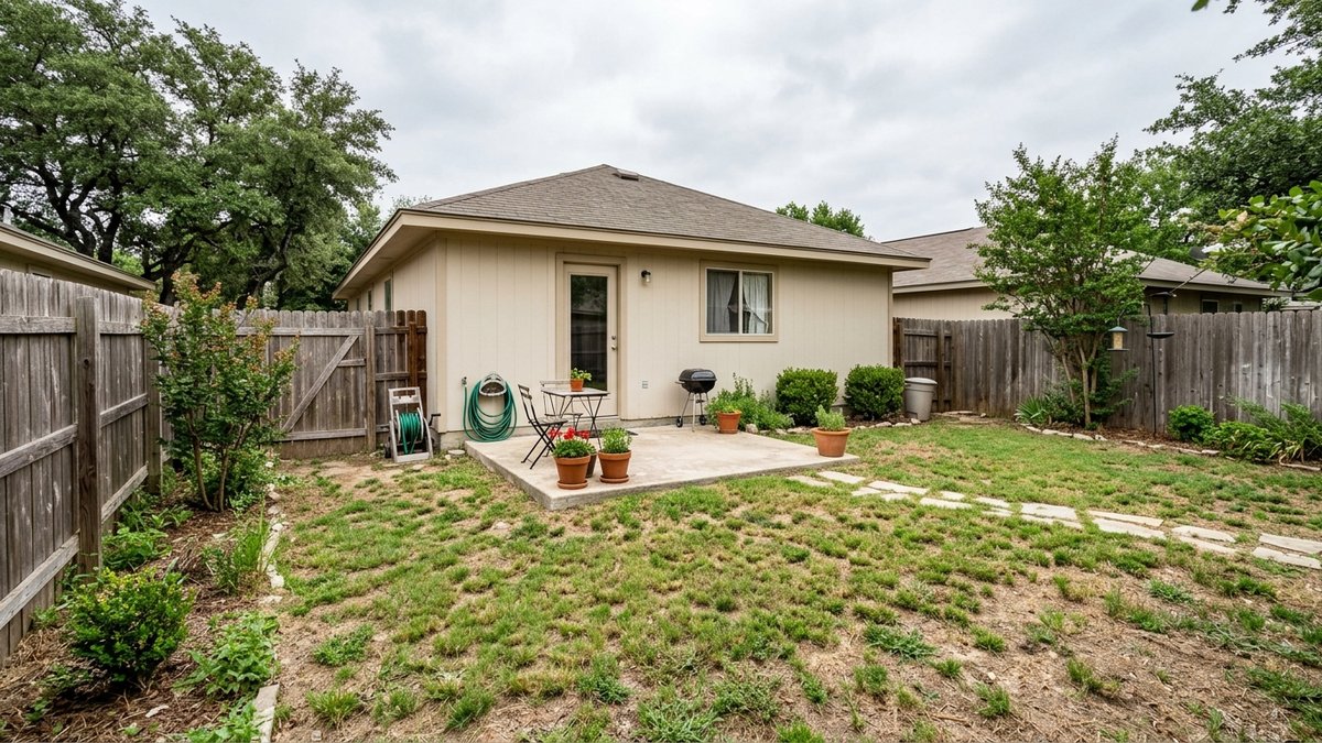 Fenced backyard with a small concrete patio, potted plants, outdoor table and chairs beside a cream-colored home.
