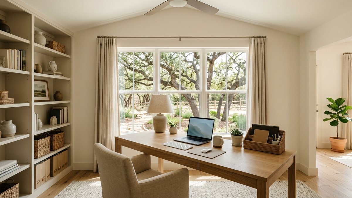 Home office with a wooden desk, laptop, upholstered chair, shelving and a large window overlooking trees.