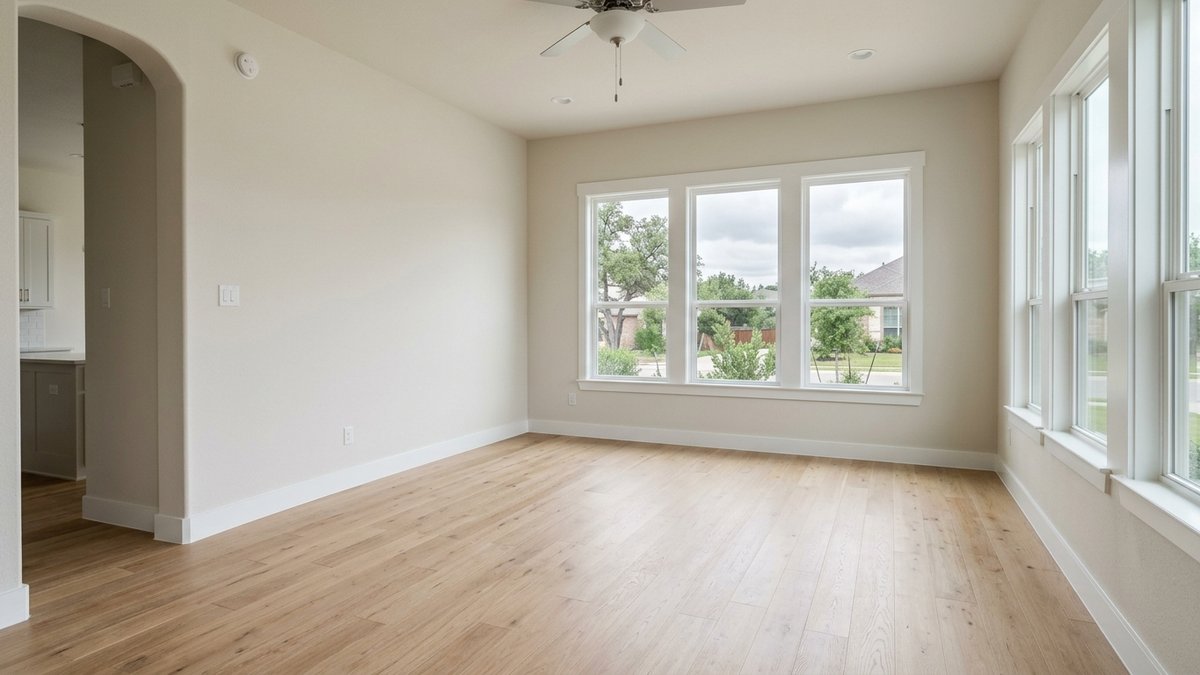 Empty living room of a home for sale, wide-angle listing-photo style, overcast daylight.