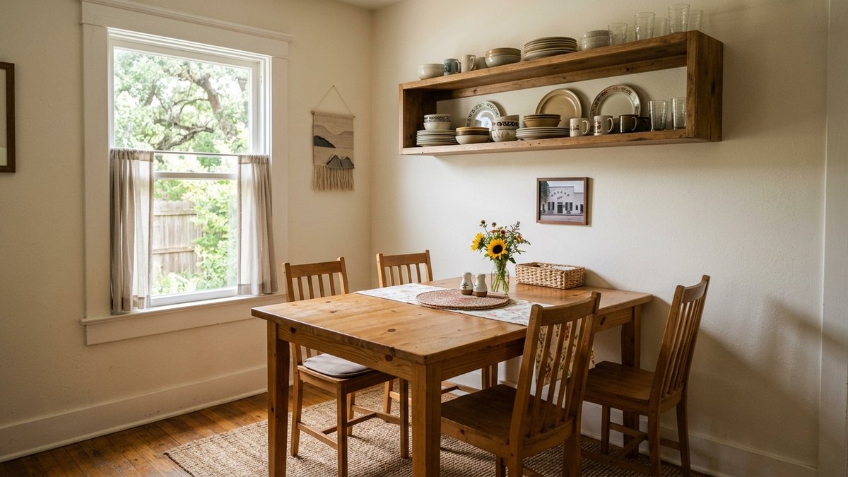 Casual dining area with open wood shelving and simple table, daylight.