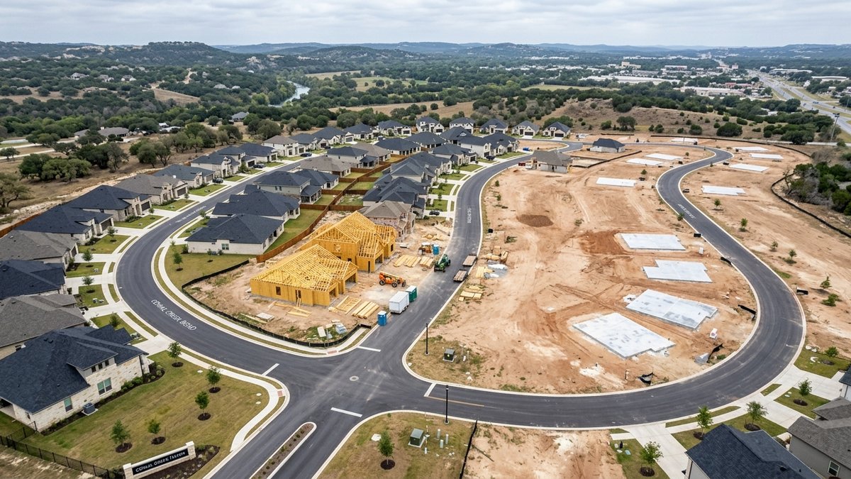 Aerial of a new-construction subdivision in New Braunfels under active build, mid-day overcast.